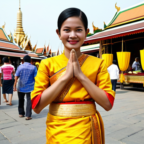 **

A Thai woman in a vibrant, traditional Thai dress (Chut Thai), fully clothed, attending a temple fair (งานวัด).  The background is filled with colorful stalls selling street food and handicrafts.  Golden temple architecture is visible in the distance. Safe for work, appropriate content, modest, family-friendly, perfect anatomy, correct proportions, natural pose, well-formed hands, proper finger count, professional photography, high quality.

**
